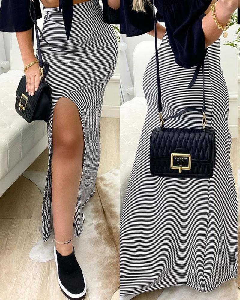 

Striped High Slit Maxi Skirt, Black