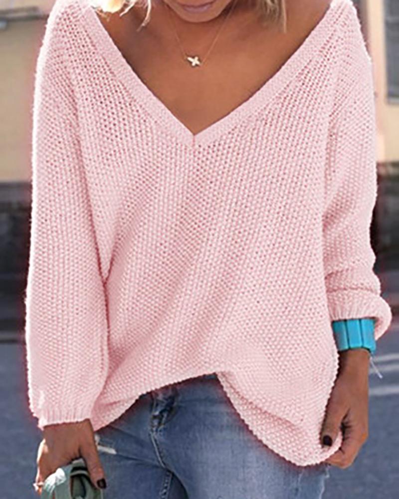 

Solid V Neck Long Sleeve Loose Pointelle Sweater, Pink