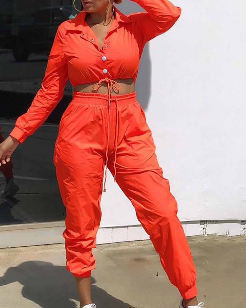 

Solid Drawstring Buttoned Crop Top & Pants Sets, Orange