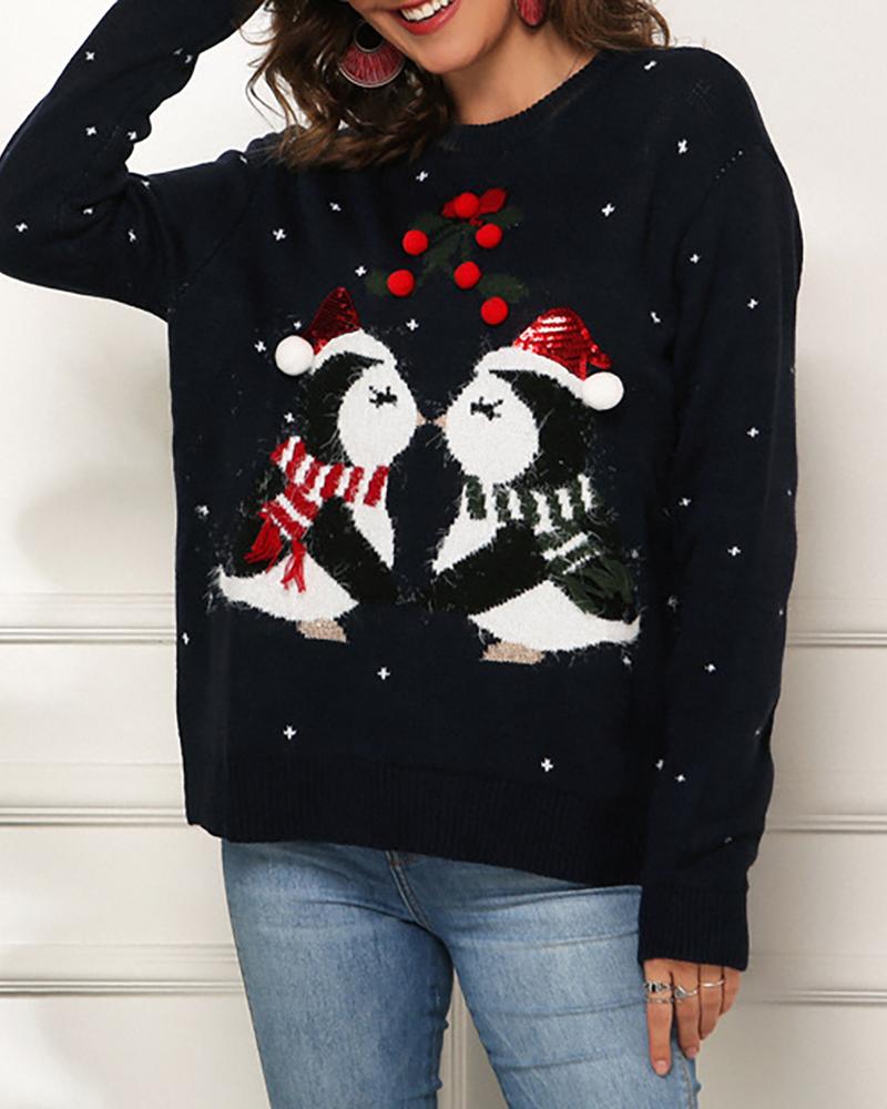 

Christmas Penguin Pattern Tassel Detail Sweater, Dark blue