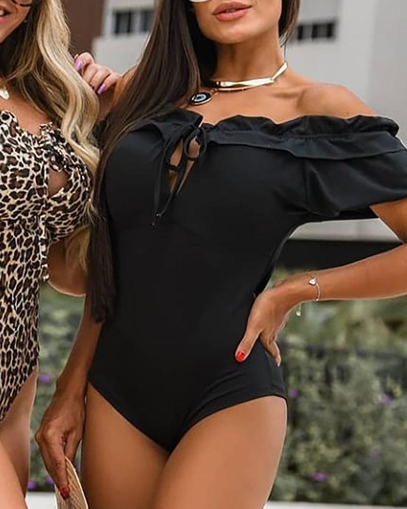 

Off Shoulder Tie Front Frill Hem Bodysuit, Black
