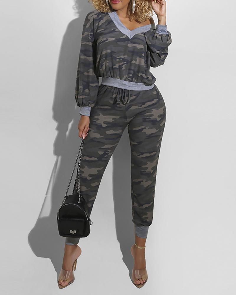

Camouflage Print Lantern Sleeve Top & Drawstring Waist Pants Set, Camoflage
