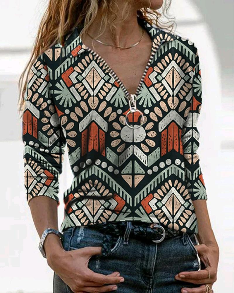 

Geometric Print Zipper Front Long Sleeve Top, Apricot