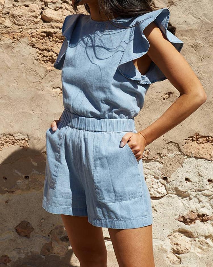 denim ruffle romper