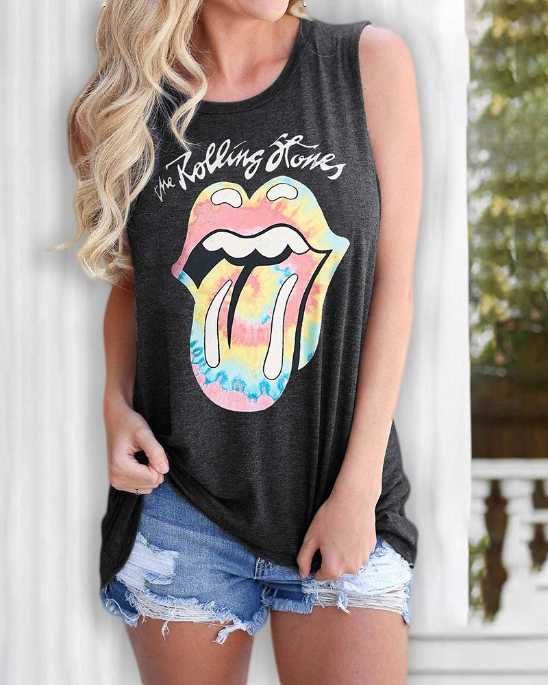 

Letter / Lip / Tie Dye Print Casual Tank Top, Dark grey