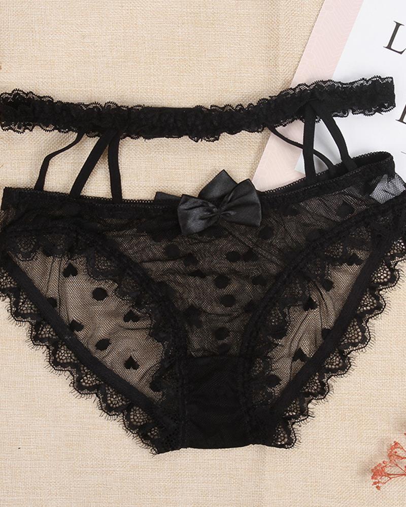 

Bowknot Heart Pattern Sheer Mesh Lace Panty, Black