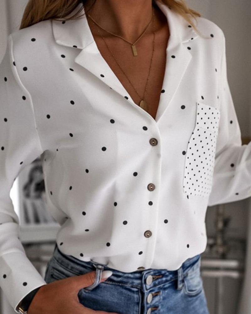 

Polkadot Print Pocket Design Buttoned Shirt, White