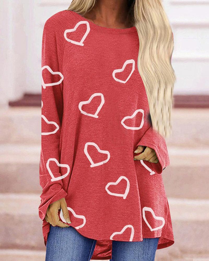

Multi-heart Print Long Sleeve Loose T-shirts, Red