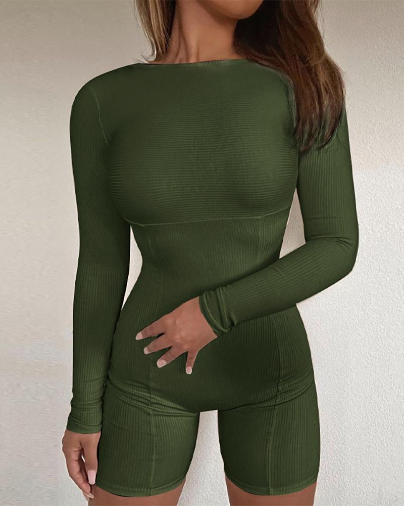 

Knit Long Sleeve Skinny Romper, Green