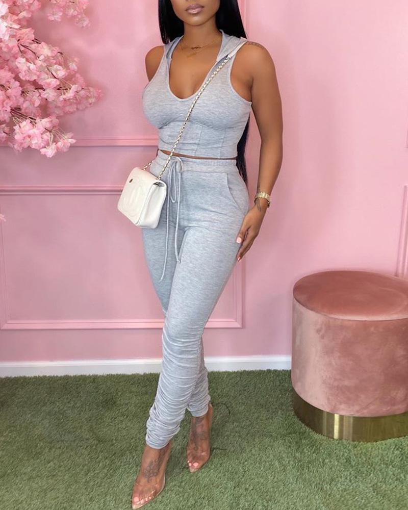 

Solid Sleeveless Drawstring Top & Pants Set, Gray