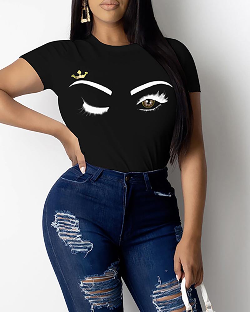 

Eyes Print Short Sleeve Casual T-shirt, Black