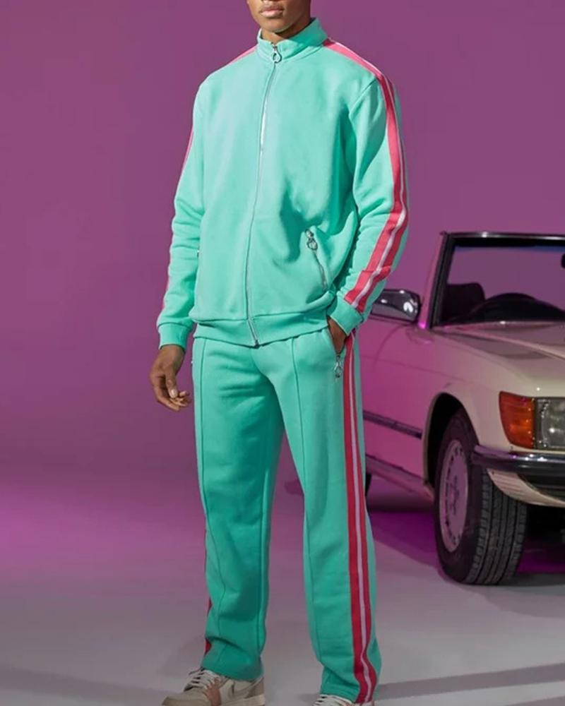 

Color Striped Long Sleeve Zip-up Coats With Pants Suit Sets, Lighted blue