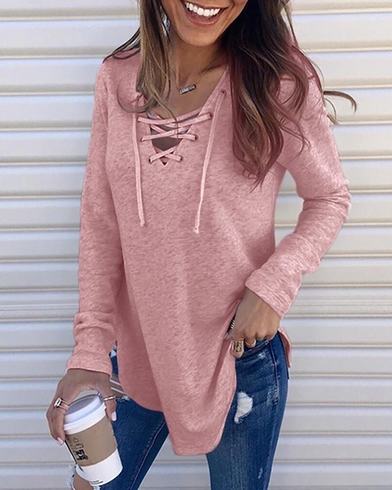 

Plain Eyelet Lace-up Long Sleeve Top, Pink