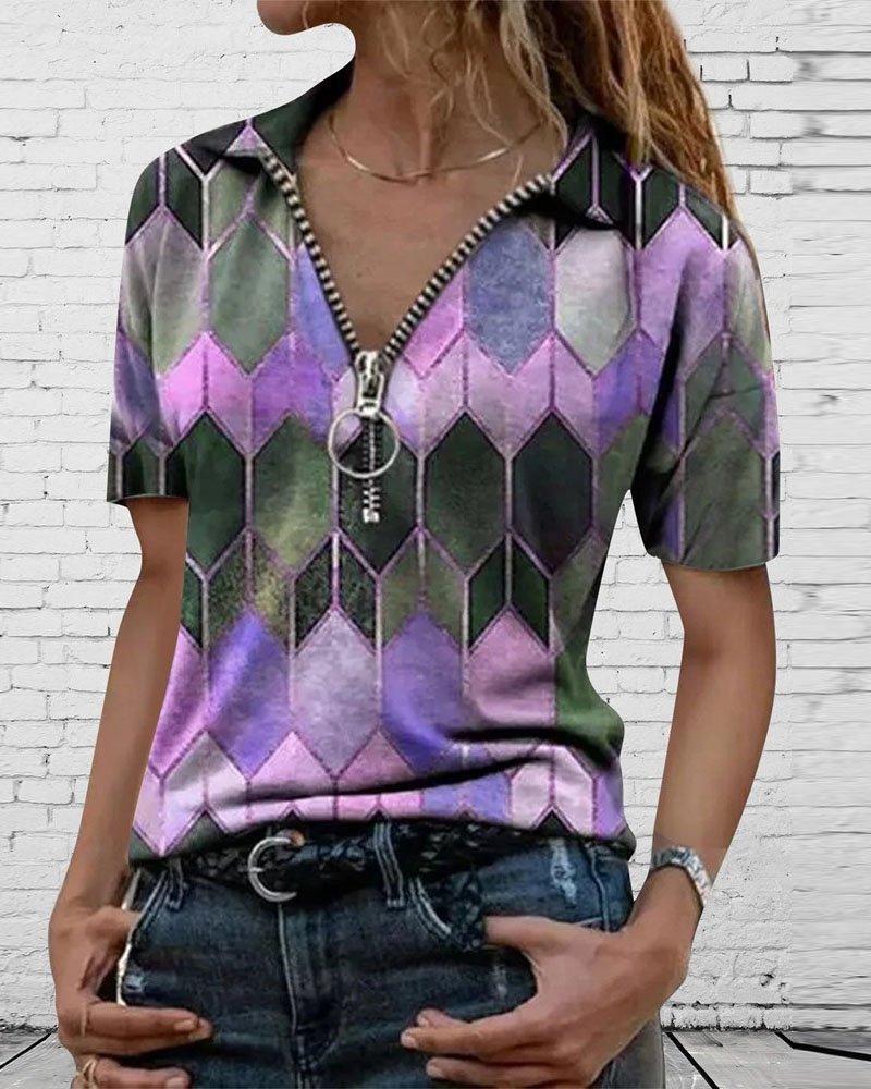 

Zipper Design Abstract Print Short Sleeve Top, Purple