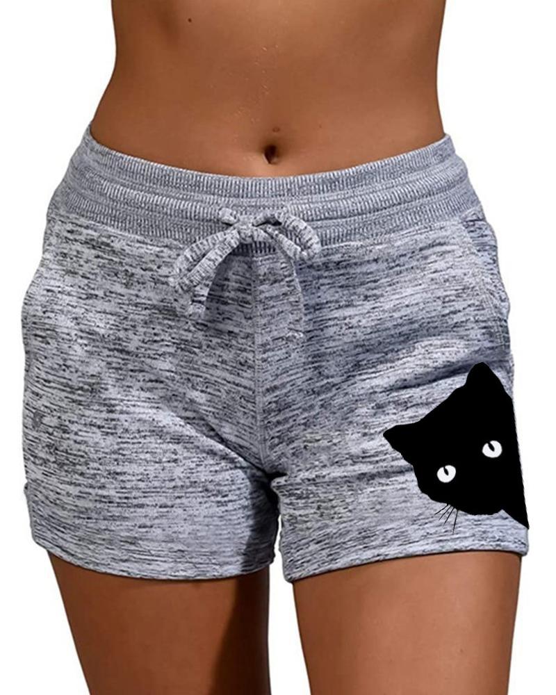 

Cat Print Drawstring Sporty Yoga Shorts, Gray