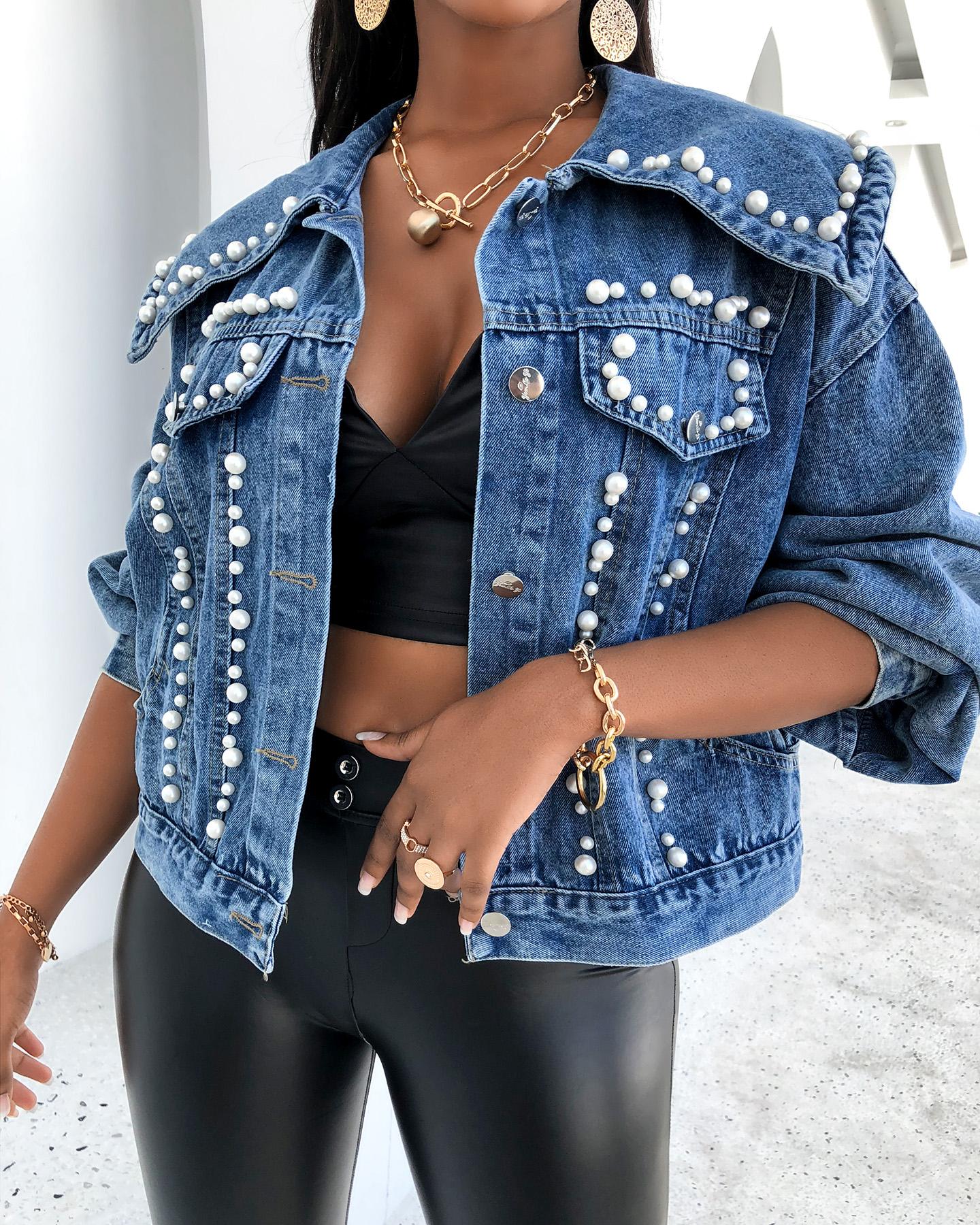 

Beaded Pocket Design Denim Coat, Blue