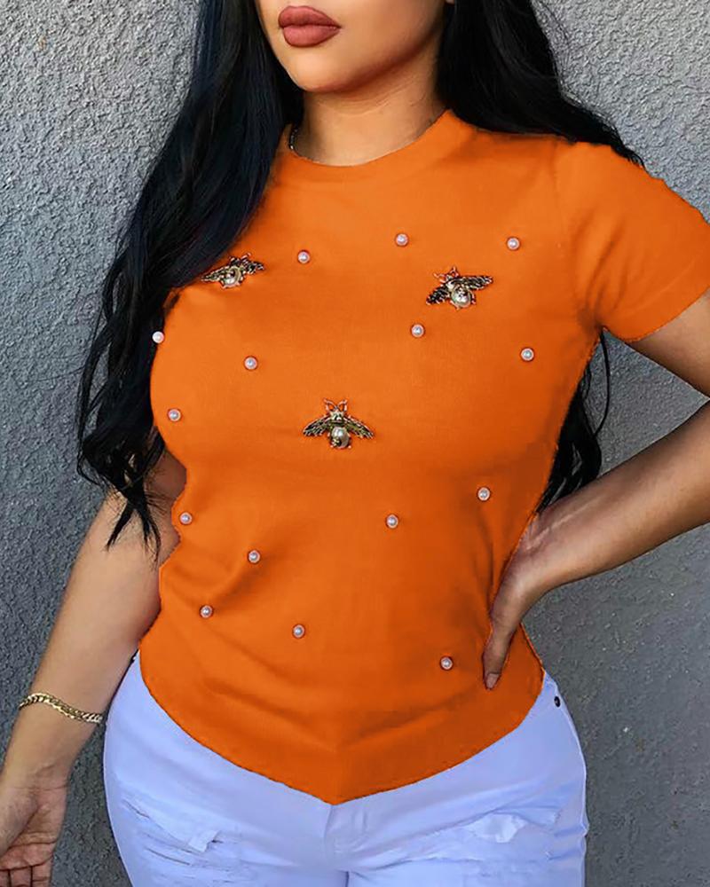 

Beaded Detail Short Sleeve T-Shirt, Orange