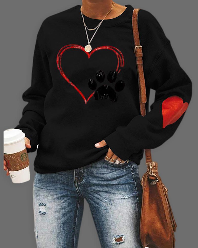 

Heart Print Long Sleeve Pullover Casual Sweatshirt, Black