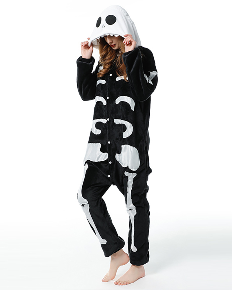 

Skeleton Button Front Hooded Onesie Pajamas, Black