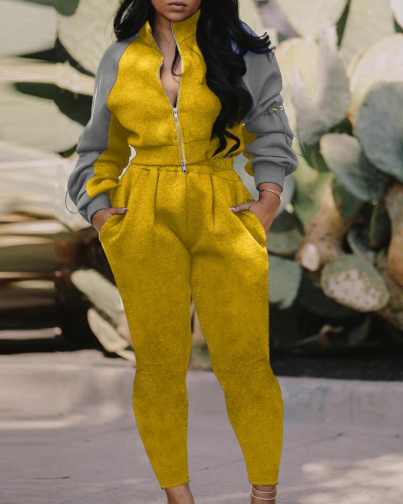 

Colorblock Zipper Design Lantern Sleeve Women Top & Ruched Pants Set, Yellow