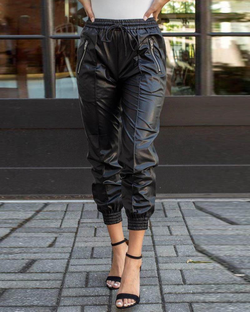 

Ruched High Waist PU Leather Cuffed Pants, Black