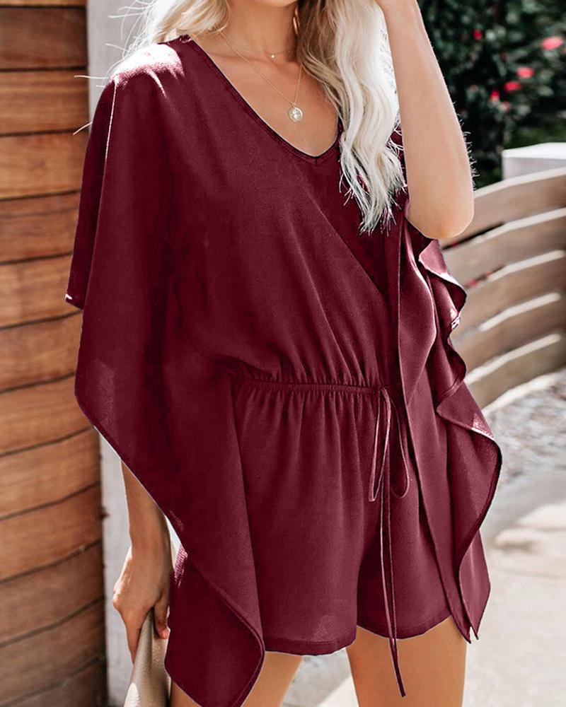 

Ruffles Trim Drawstring Casual Romper, Wine red