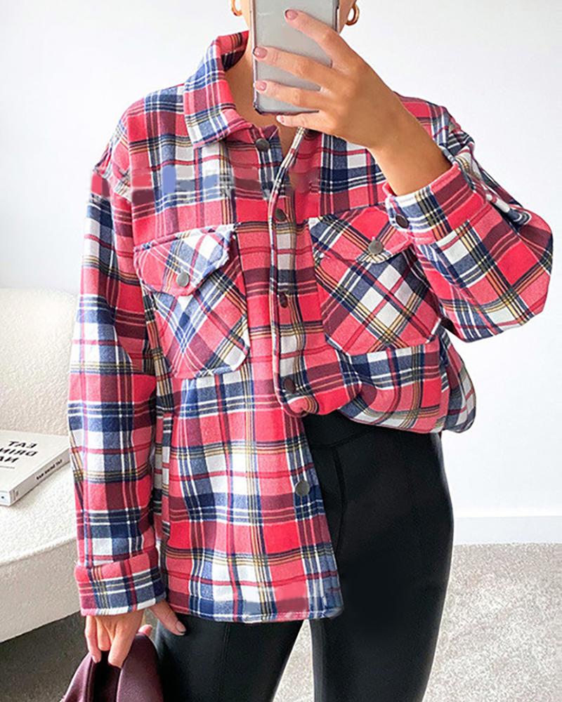

Buttoned Colorblock Checked Shacket, Hot pink