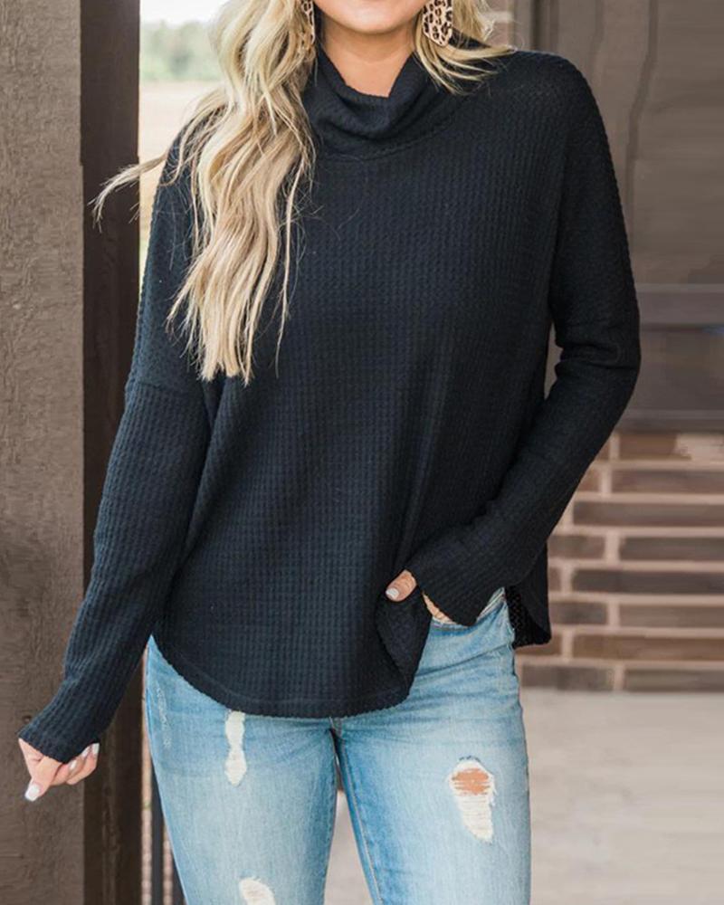 

Solid High Neck Long Sleeve Casual Blouse, Black