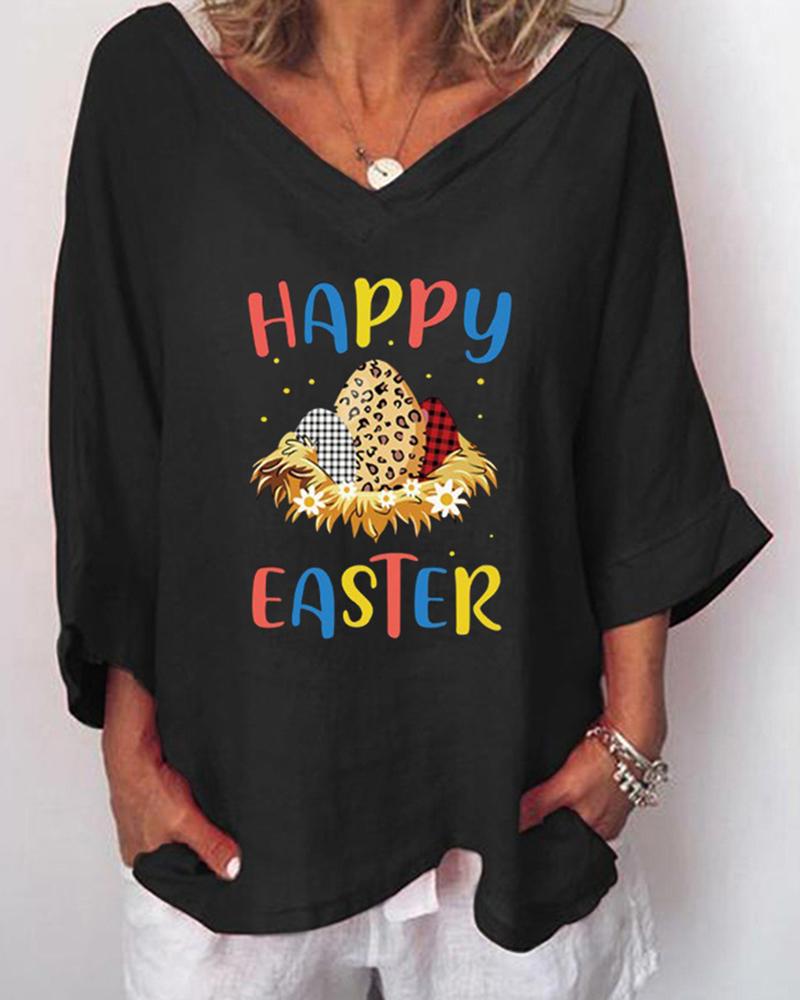 

Easter Eggs Letter Print Short Sleeve T-shirt, Black