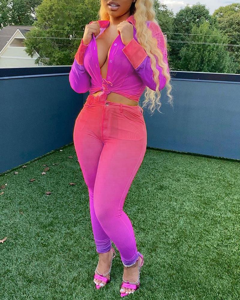 

Gradient Color Buttoned Top & Fitted Pants Set, Purple