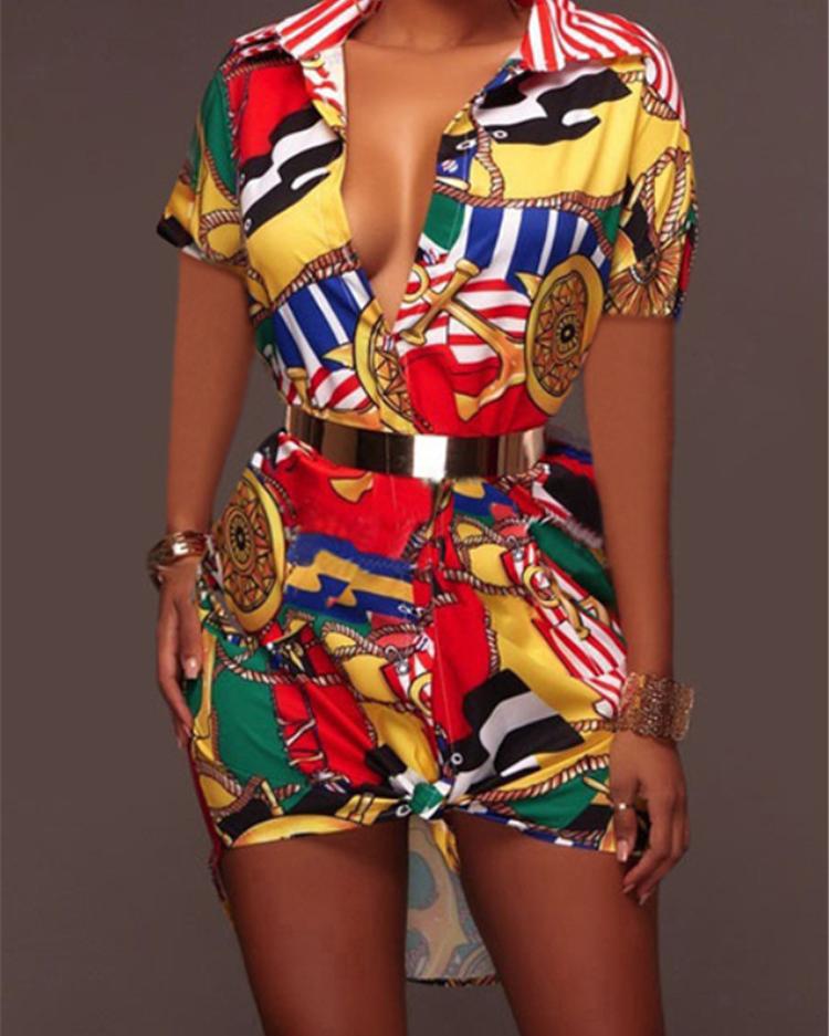 

Stylish Retro Print Lapel Collar Casual Dress, Yellow