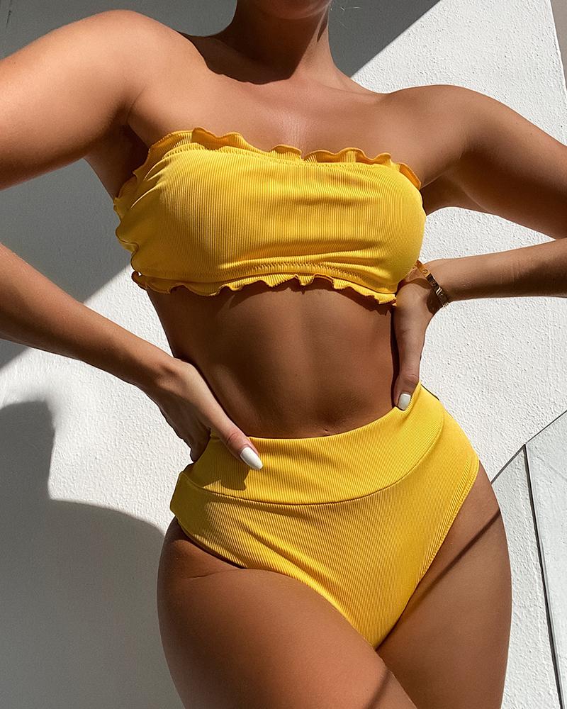 

Off Shoulder Crop Top & High Waist Skinny Shorts Bikini Set, Yellow