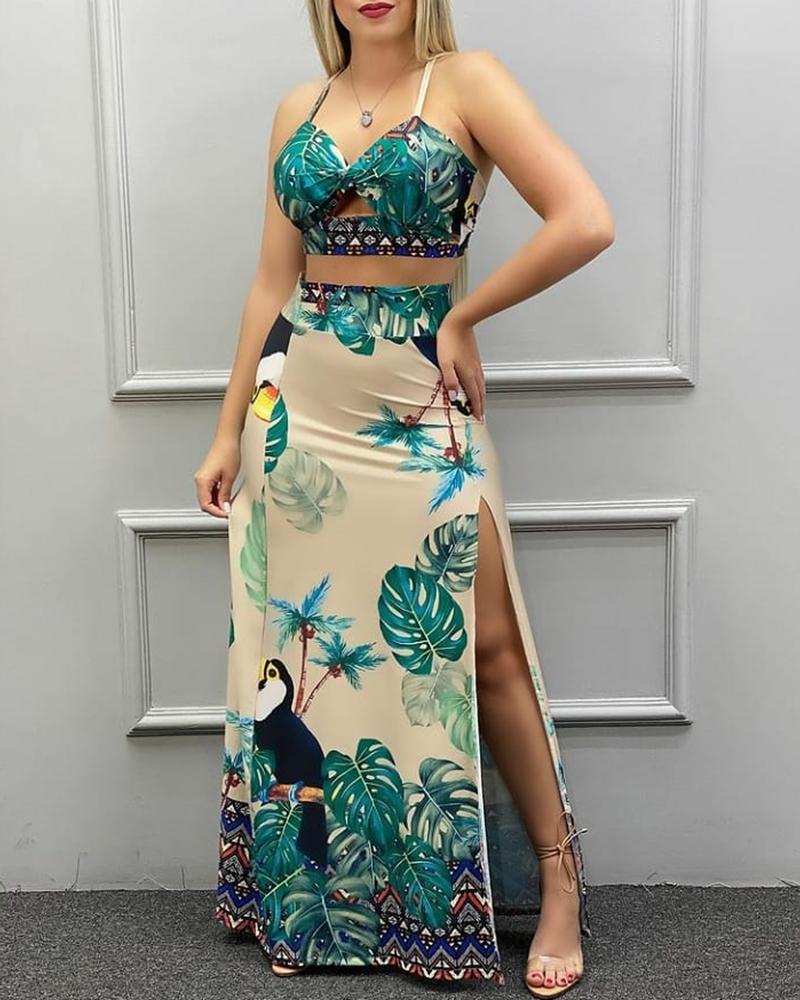 

Tropical Print Halter Crop Top & High Slit Skirt Set, Green