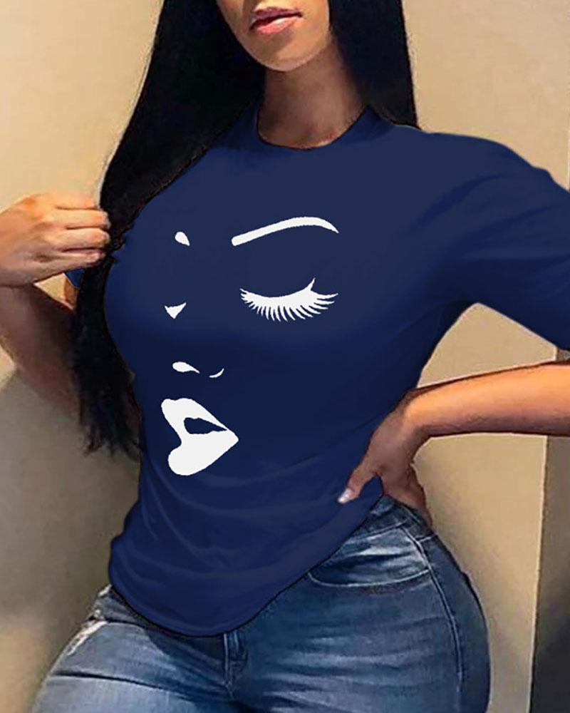 

Abstract Figure Print Short Sleeve Casual T-shirt, Dark blue