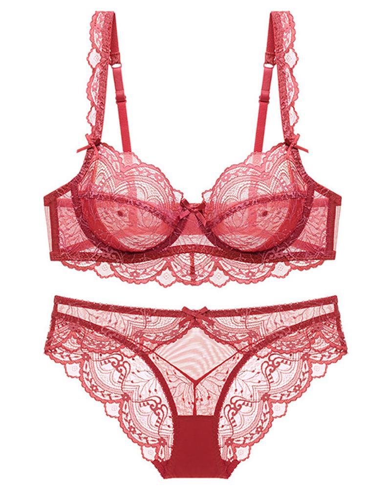 

Chantilly Lace Sheer Mesh Bra Set, Red