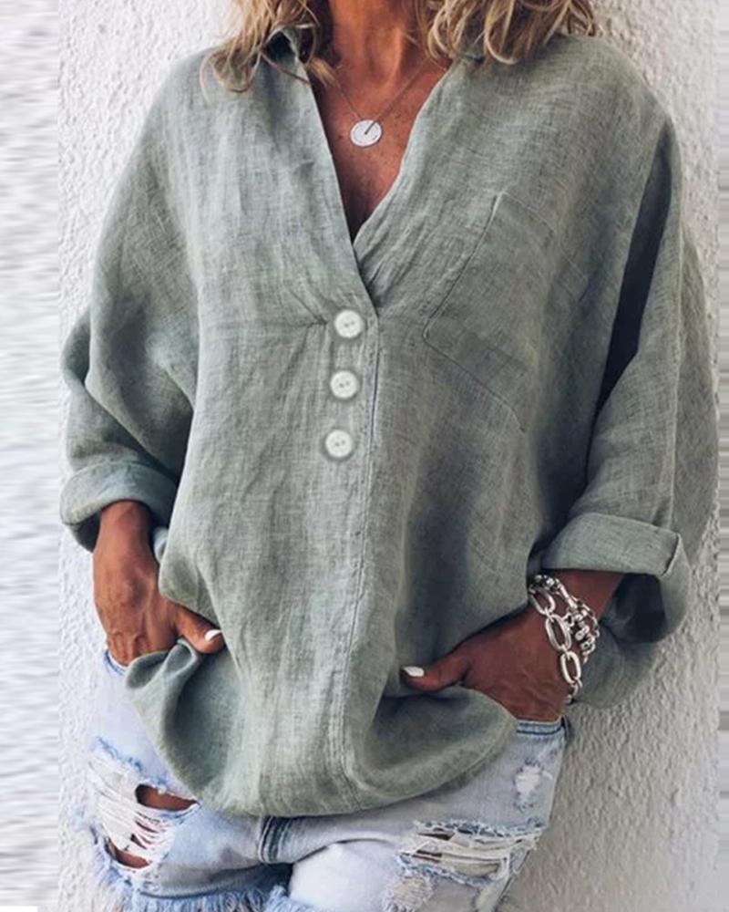 

Button-Up Cotton & Linen Blouse, Green