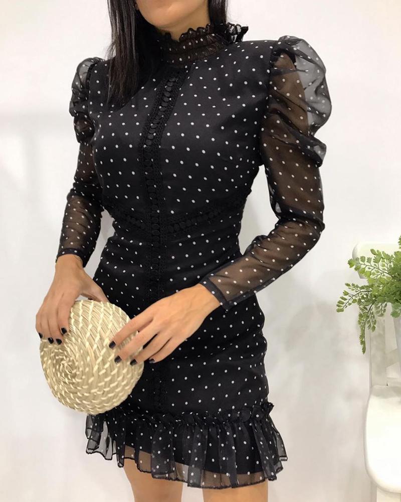 

Dot Print Sheer Mesh Puffed Sleeve Ruched Dress, Black