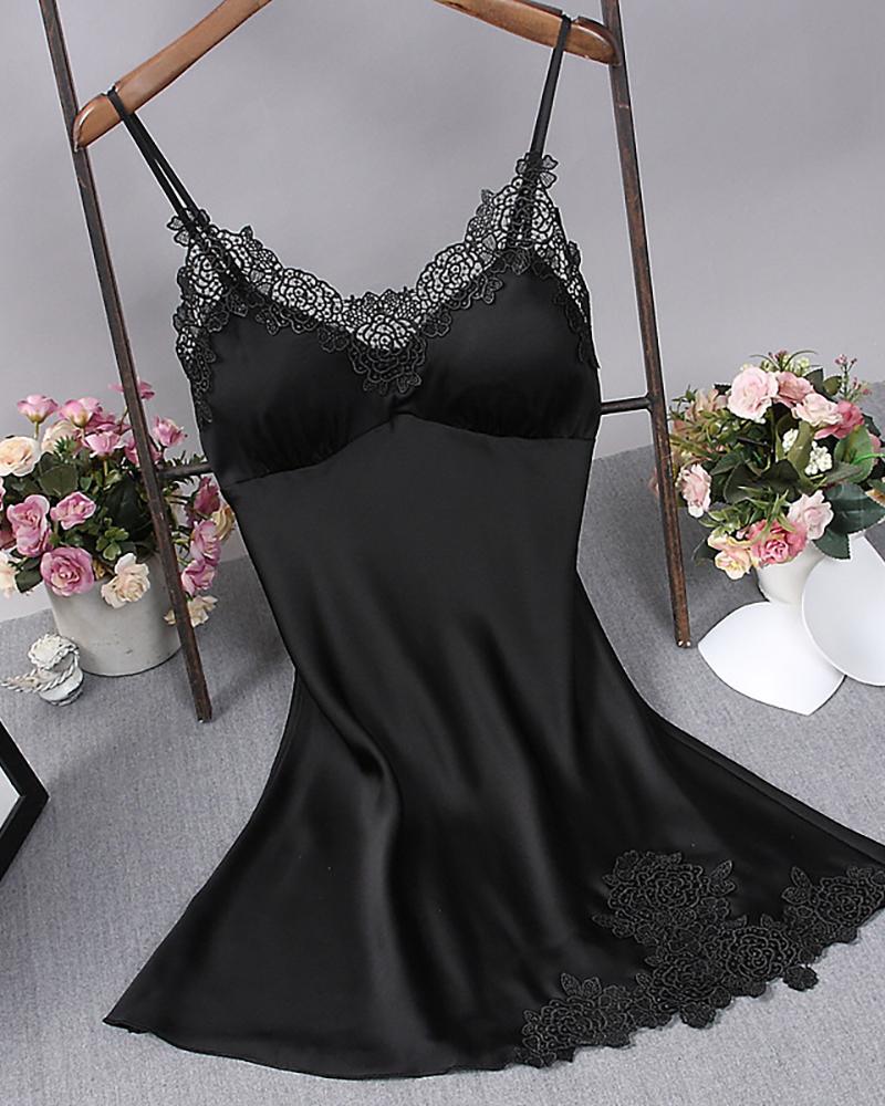 

Plain Spaghetti Strap Lace Trim Babydoll, Black