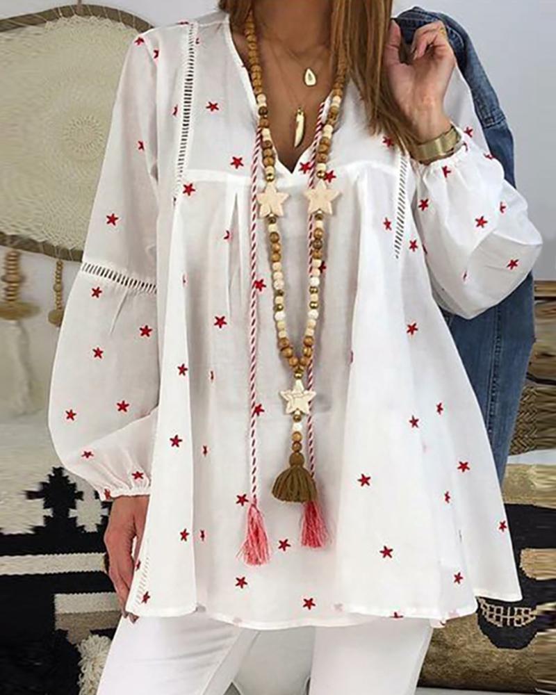 

Star Print Hollow-out Lantern Sleeve Top, White