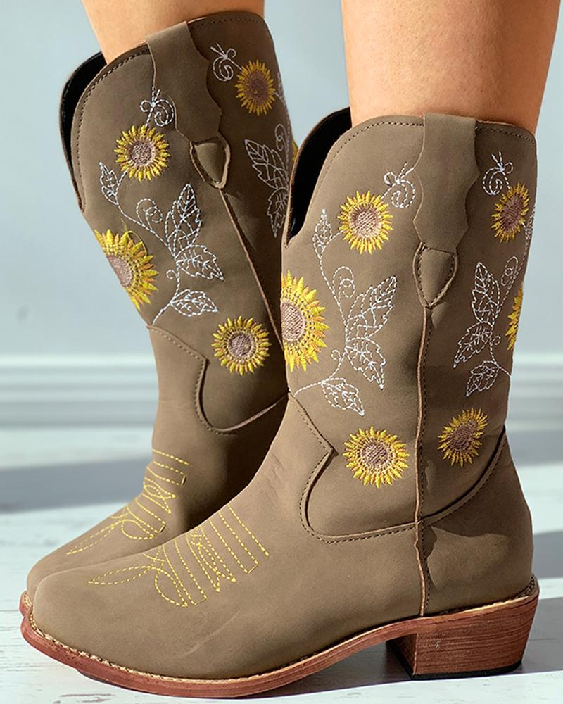 

Floral Embroidery PU / Suded Chunky Boots, Khaki