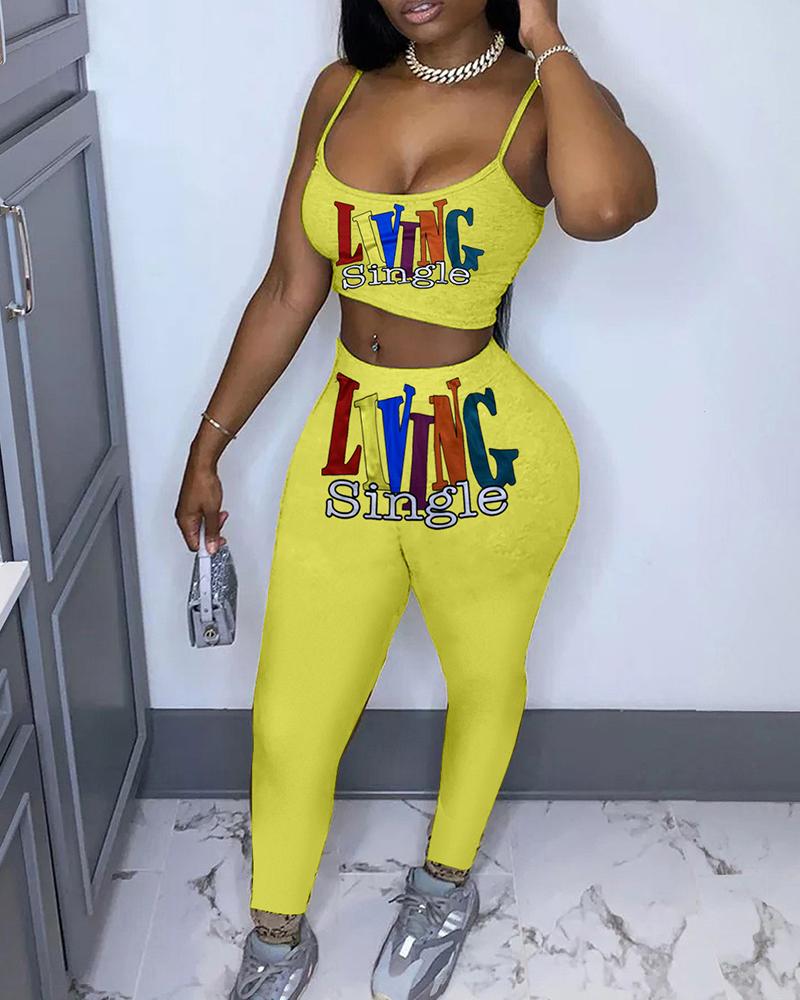 

Letter / Slogan / Leaf Print Crop Top & High Waist Pants Set, Style3