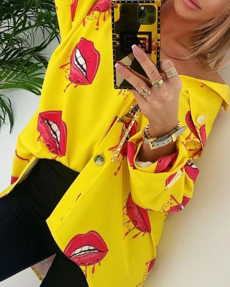 

Lip Print Long Sleeve Button Decor Shirt, Yellow