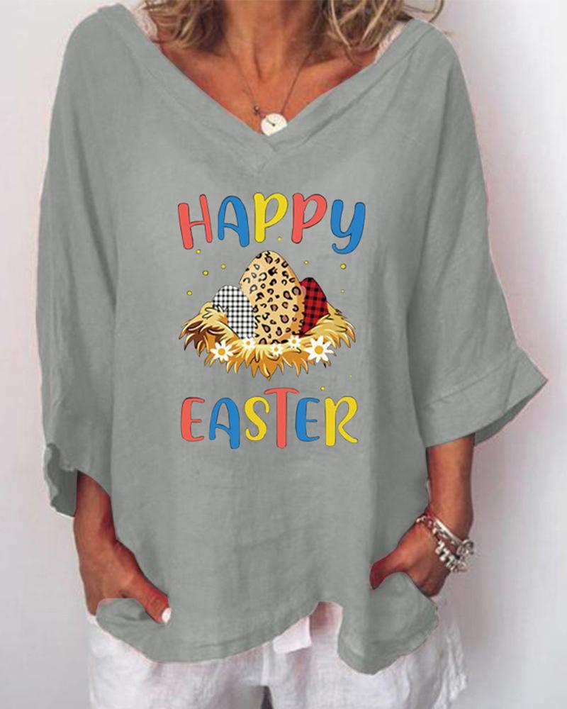 

Easter Eggs Letter Print Short Sleeve T-shirt, Gray