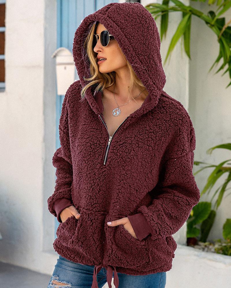 

Zip Pocket Design Hooded Teddy Top, Wine red