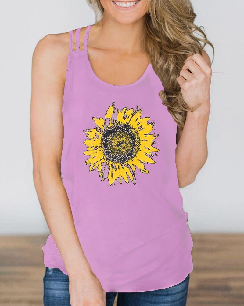 

Sunflower Print Round Neck Sleeveless Top, Pink