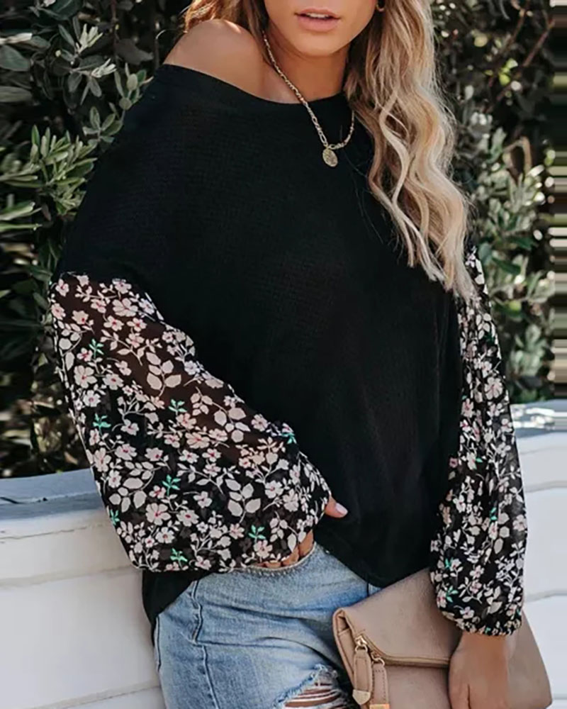 

Floral Print Mesh Lantern Sleeve Women Top, Black