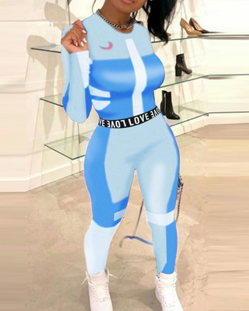 

Colorblock Fitted Top & Letter Print Pants Set, Blue