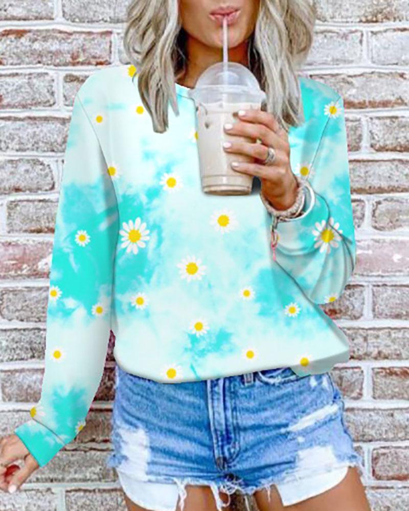 

Tie Dye Daisy Print Long Sleeve Casual Sweatshirt, Blue