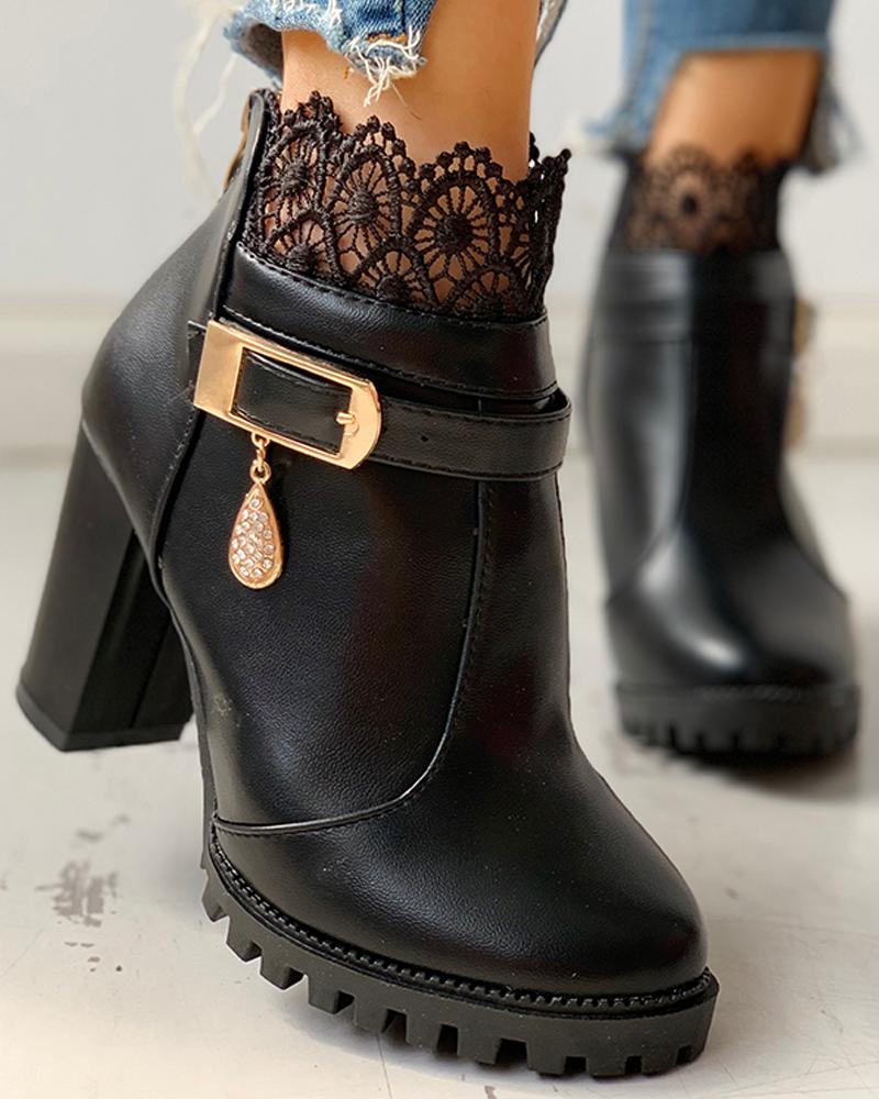 

Lace Insert Chunky Heel Boot, Black