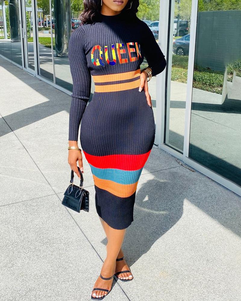 

Striped Letter Print Knit Long Sleeve Dress, Black